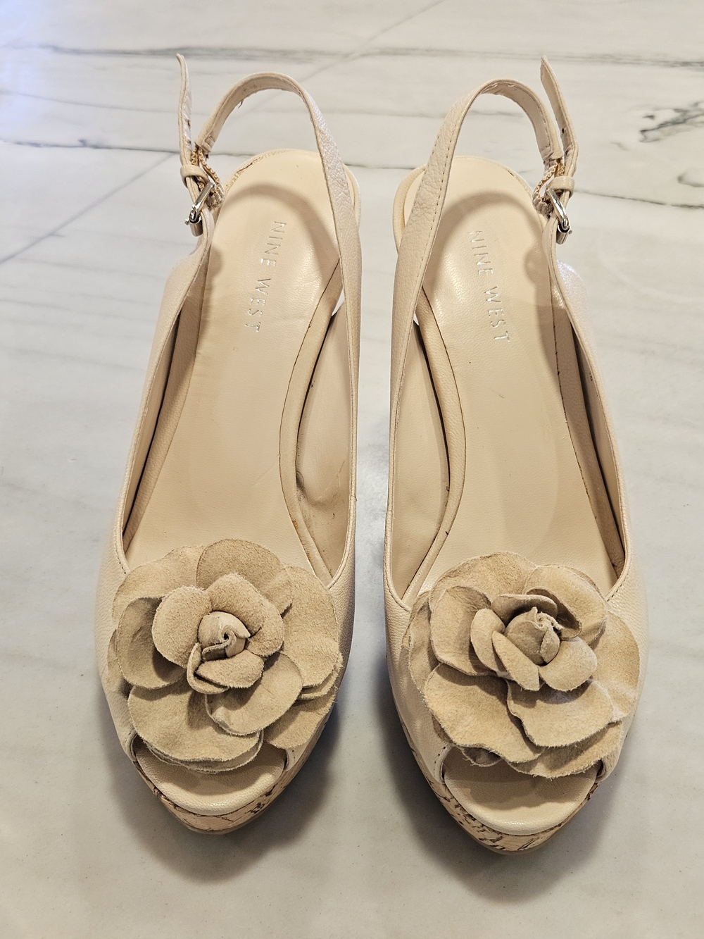 Nine West Intospringo Nude Floral Peep Toe Cork Slingback Heels Size 7.5 M